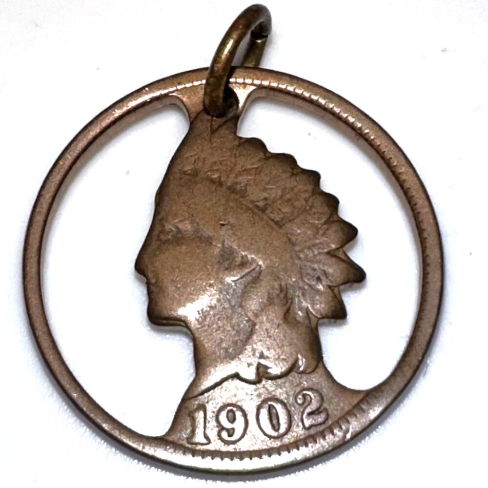 Antique 1902 antique American Indian Head Penny coin cut out pendant charm